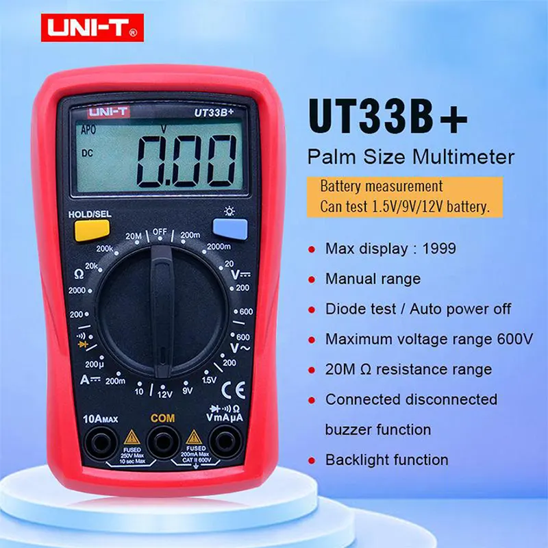 UNI-T UT33B+ Digital Multimeter with Battery Test Function - Backlit LCD, Loud Continuity Buzzer, and Ergonomic Design - Palm Size Multitester - Gallery 3