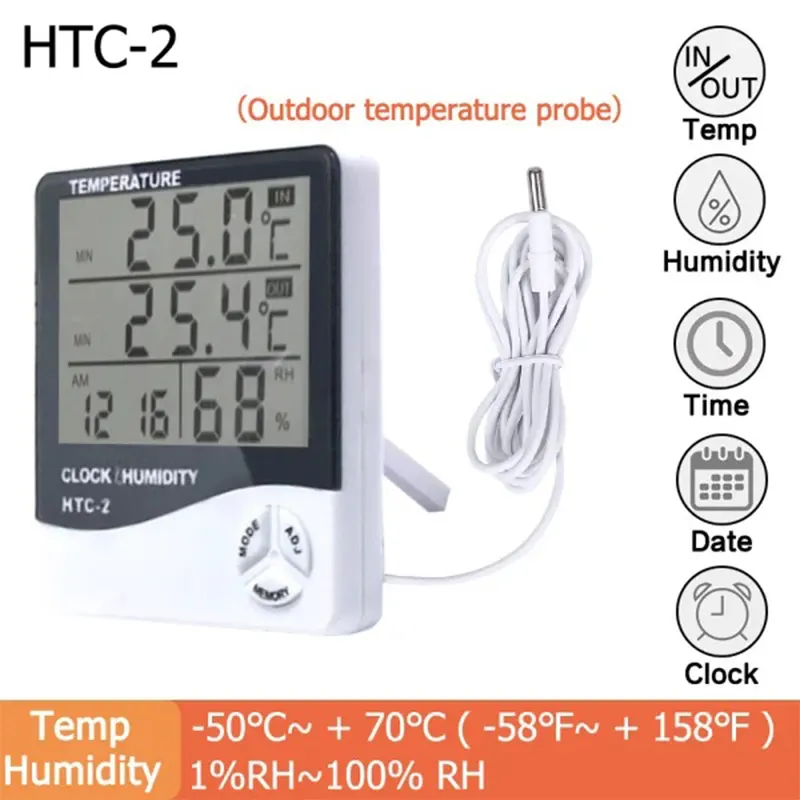 Htc-2 Digital Indoor/Outdoor Thermo-Hygrometer Temperature Humidity Meter With Time/Clock Home & Industrial Room Temperature - Thermometer - Gallery 1
