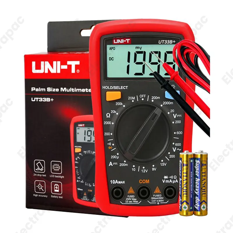 UNI-T UT33B+ Digital Multimeter with Battery Test Function - Backlit LCD, Loud Continuity Buzzer, and Ergonomic Design - Palm Size Multitester