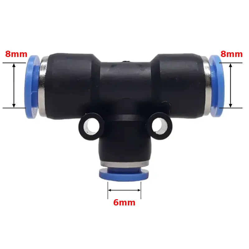 8mm-6mm-8mm 3 Way T Type Pneumatic Connector Push in Fitting Quick T-Connector