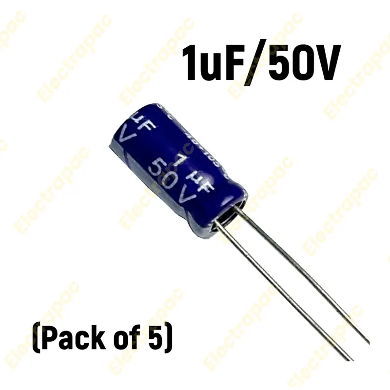 1uF 50V Radial Electrolytic Capacitor – High-Reliability Electronic Component (Pack of 5pcs)
