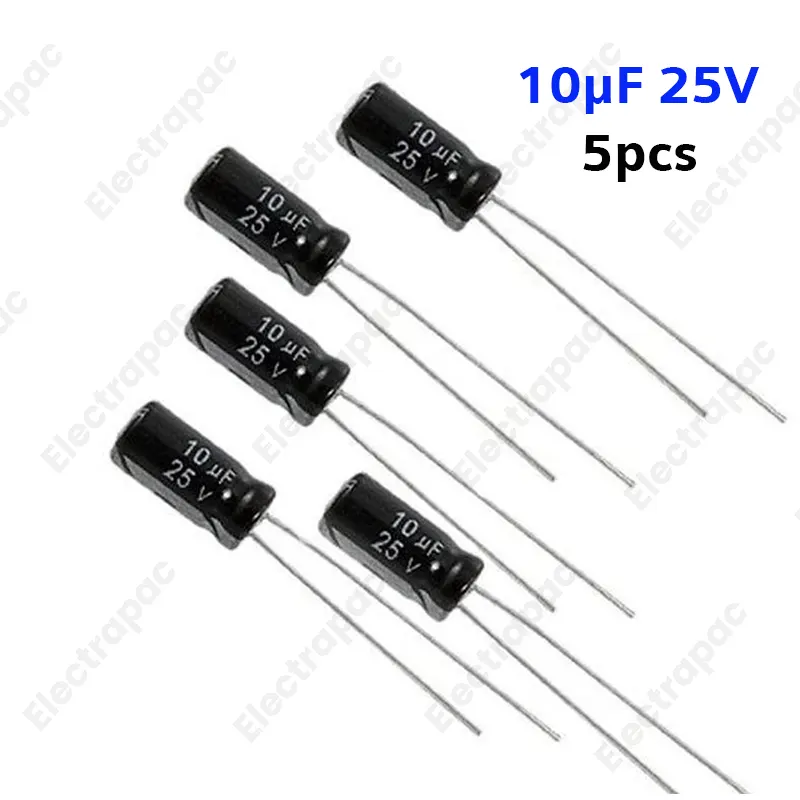 10uF 25V Radial Electrolytic Capacitor – General Purpose Electronic Component (Pack of 5pcs)