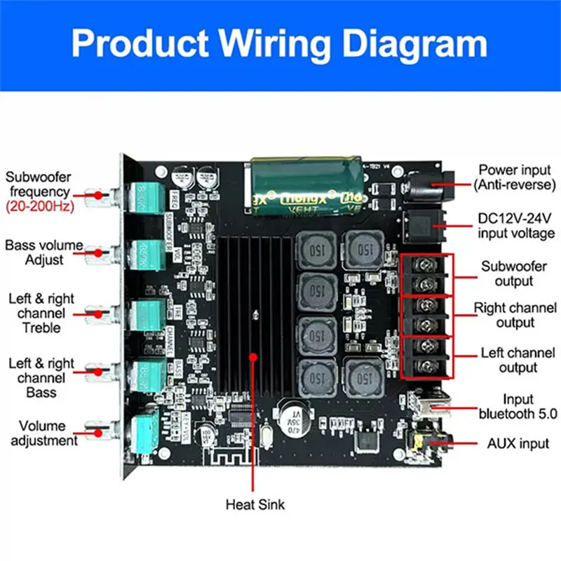 CA-TB21 2.1 Channel BT Subwoofer Amplifier Audio Board 2*50W+100W 12-24V Amplifier Board - Gallery 3